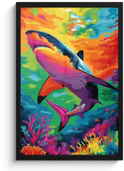 Poster in lijst - Fotolijst 40x60 cm - Posters - Haai - Koraalrif - Abstract - Kleurrijk - Posterlijst zwart - Decoratie - Wanddecoratie woonkamer - Muurdecoratie slaapkamer