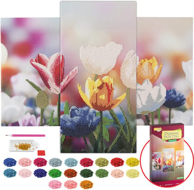 Diamond Painting Volwassenen Bloemen Drieluik Schilderij DIY - Diamond Painting Pakket - Ronde Steentjes - Inclusief Diamond Painting Pen - Voor Volwassenen en Kinderen - Afmeting 40x20cm en 30x20cm - Joya Creative