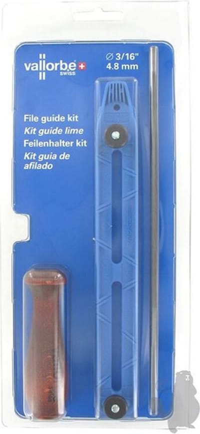 Blister VALLORBE met 1 ronde vijl Ø 3/16" (4,8 mm) voor zaagketting .325", een vijlhouder en een houten vijlhandvat.