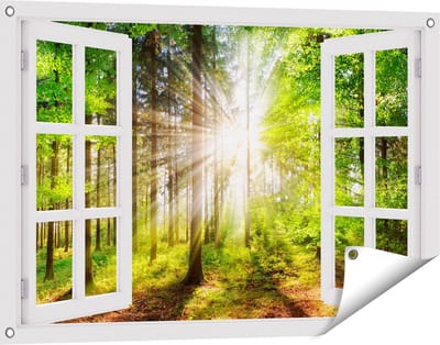 Gards Tuinposter Doorkijk Bos met Zon tussen de Bomen - 90x60 cm - Tuindoek - Tuindecoratie - Wanddecoratie buiten - Tuinschilderij