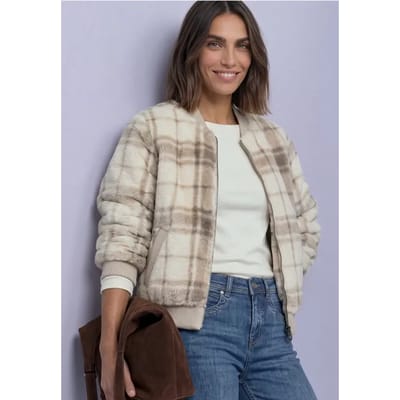 Blouson van imitatiebont met gebreide details en print