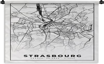 Wandkleed - Wanddoek - Frankrijk - Kaart - Strasbourg - Plattegrond - Stadskaart - Zwart wit - 180x120 cm - Wandtapijt