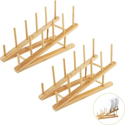 2 stuks houten bordenstandaard, 5 sleuven, bamboe bordenhouder, keuken houten afdruiprek, afdruiprek, keukenkast organizer voor het opbergen van CD servies, boek, wijnglas