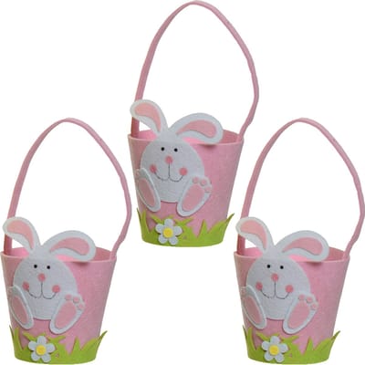 Decoris Paasmandjes met Paashaas - 3x - vilt - roze - D15 x H31 cm