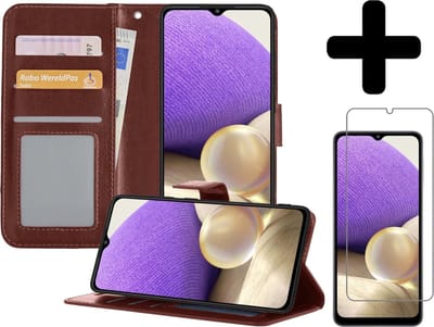 Hoesje - Met Screenprotector - Geschikt voor Samsung Galaxy A32 5G - Luxe Pasjeshouder - Bookcase Portemonee - Flip Case - Kunstleer Book Case - Flipcase - Book Cover - Walletcase - Portemonneehoes - Telefoonhoesjes - Bruin