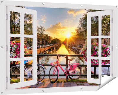 Gards Tuinposter Doorkijk Amsterdamse Brug met Zonsopgang - 150x100 cm - Tuindoek - Tuindecoratie - Wanddecoratie buiten - Tuinschilderij