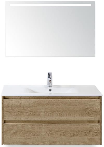 Dante Badmeubelset 100 cm - Natuur Eiken - Keramische Wastafel Wit Enjoy met Sence Spiegel