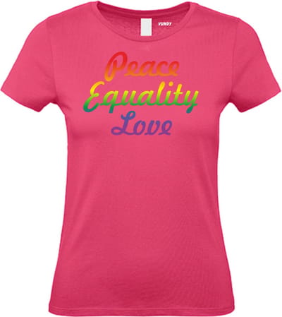 Dames T-shirt Peace Equality Love | Gay pride shirt kleding | Regenboog kleuren | LGBTQ | Roze dames | maat XS