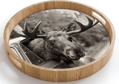 Dienblad rond 40x40 cm - Schootdienblad hout - Eland - Auto - Gewei - Zwart - Wit - Borrelplank rechthoek - Plateau houten dienbladen