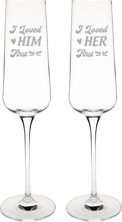 Gegraveerde set Champagneglazen 27cl I loved him first - I loved her first