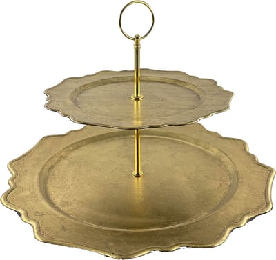 Clayre & Eef Etagère 2 laags Ø 32x32 cm Goudkleurig Kunststof Rond Taartplateau