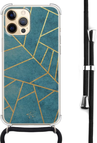 Hoesje met koord geschikt voor iPhone 12 Pro Max - Abstract blauw - Inclusief zwart koord - Crossbody beschermhoes - Transparant, Blauw - Mooie Telefoonhoesjes