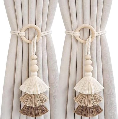 2 Bohemian Gordijnknopen - Houten Kralen & Kwasten - Natuurkleur - Gaatjesvrije Decoratie voor Slaapkamer