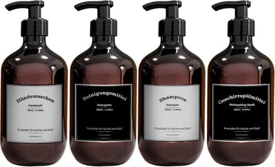 Famanu – Kunststof zeepdispensers 500 ml met pomp en labels – Set van 4 – Bruin