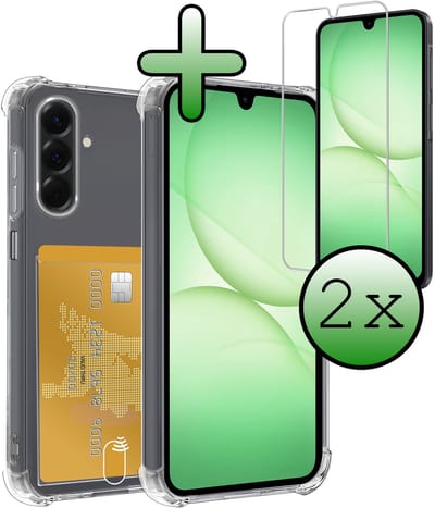 Hoesje Geschikt voor Samsung Galaxy A17 - Met 2x Screenprotector - Pashouder - Kaarthouder - Telefoon Hoes Shockproof - Siliconen Case - Back Cover - Shock Proof - Pasjes Houder - Transparant