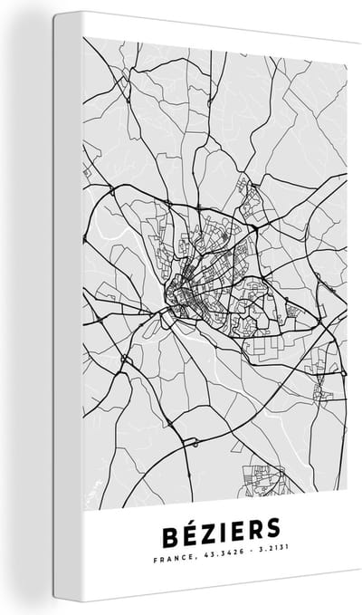 Canvas Schilderij Kaart - Stadskaart - Béziers - Plattegrond - Frankrijk - 20x30 cm - Wanddecoratie