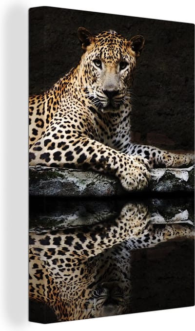 Canvas schilderij - Luipaard - Dieren - Zwart - Reflectie - Schilderijen op canvas - Canvasdoek - 20x30 cm - Foto op canvas - Wanddecoratie