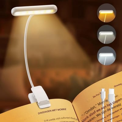GELLDG Leeslampje met boekclip - 1 stuk - boeklamp - Brede lichtbundel - Oplaadbaar via USB-C - 3 kleuren en 5 helderheidsniveaus instelbaar - Flexibele zwanenhals - Klemlamp - Leeslampje geschikt voor kinderen - Wit