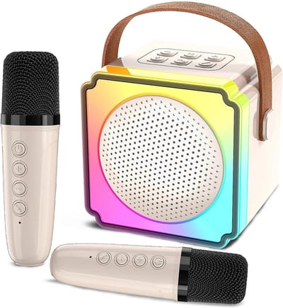 Mini-karaoke met 2 draadloze microfoons voor kinderen van 4-8-12 jaar, karaokemachine voor peuters voor meisjes en jongens (wit)