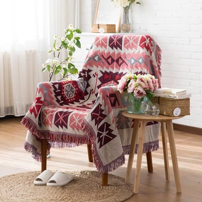 Dubbelzijdige Plaid van Gevlochten Katoen met Kwastjes - Geometrisch Patroon in Bohemian Ethnic Stijl voor Vintage Decoratie, Bed, Sofa, Camping en Tafelkleed
