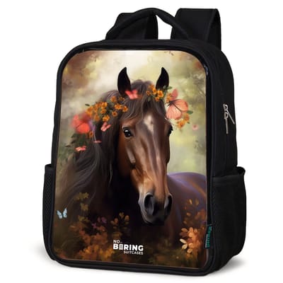 NoBoringSuitcases.com® - Rugzak zwart - Schooltas jongen & meisje - Manen - Paard - Bruin - Bloemen - Rugtas voor school - Boekentas kind - Schoolrugzak - Kinderrugzak