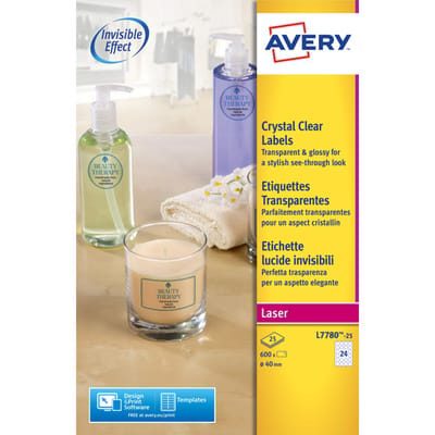 Laseretiket Avery rond 40mm transp. 25 vel 24 etiketten per vel