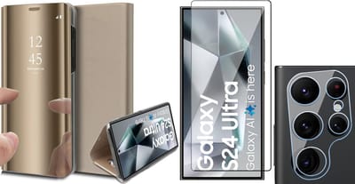 Hoesje geschikt voor Samsung Galaxy S24 Ultra - Screenprotector Volledig Dekkend Glas & Camera - Spiegel Book Case Goud