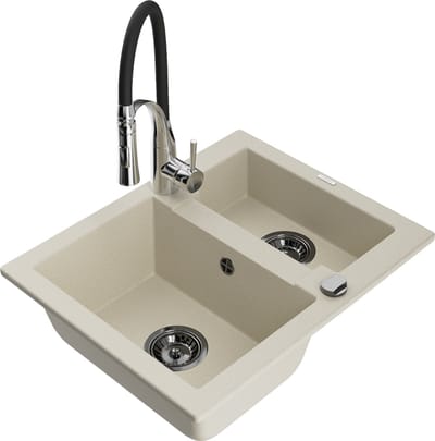 Mexen Carlos 1,5-komorige granieten gootsteen met Astere keukenmengkraan, beige - 6518-69-73450-07-B