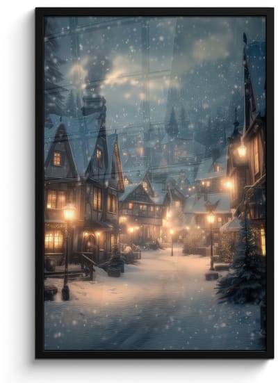 Poster in lijst - Fotolijst 60x90 cm - Posters - Winterdorp - Sneeuw - Donker - Posterlijst zwart - Decoratie - Wanddecoratie woonkamer - Muurdecoratie slaapkamer