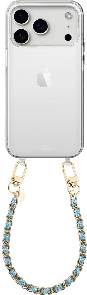 xoxo Wildhearts siliconen hoesje geschikt voor iPhone 17 Pro Max - Classic Chain - Denim (kort koord) - Telefoonhoesje - Hoesje met koord - Schakelketting - Kort telefoonkoord - Denim blauw met goud - Transparant hoesje