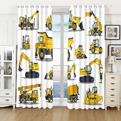 2 Panelen 3D Cartoon Boerentrekker Vrachtwagen Graafmachine Bulldozer Kindergordijnen ontworpen voor Jongens Kinderkamer Keukenraam Decoratieve Gordijnen W75xH166(CM)x2pcs&Rod Pocket