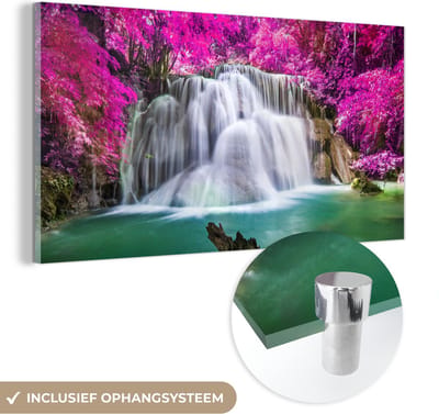 MuchoWow® Glasschilderij 40x20 cm - Schilderij acrylglas - Waterval - Roze - Bomen - Foto op glas - Schilderijen