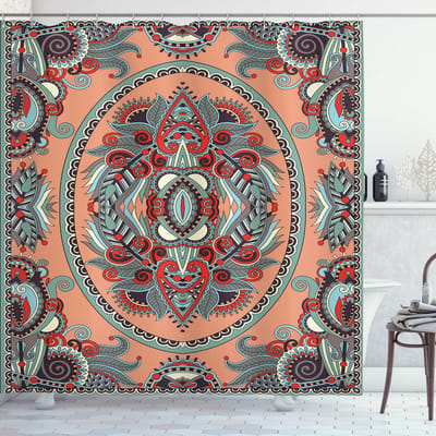 ABAKUHAUS douchegordijn – Bloemenontwerp – 175×180 cm – hemelsblauw zalm