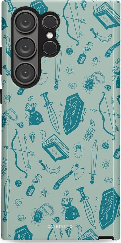 Casetastic Hoesje Geschikt voor Samsung S23 Ultra - Stijlvolle Beschermende Duo-layer Case - Avontuurlijke buit vol wapens