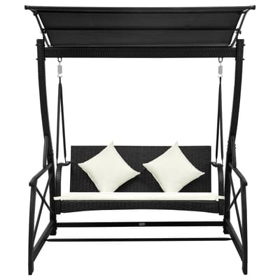 vidaXL - Schommelbank - 3-zits - met - dak - poly - rattan - zwart