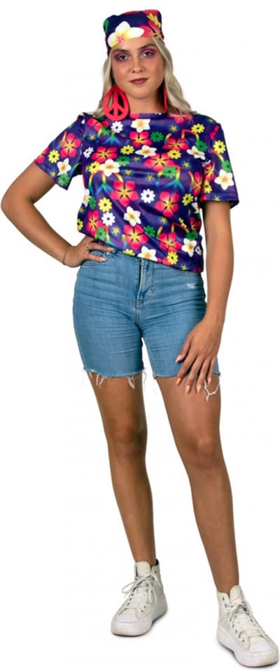 PartyXplosion - T-shirt - Flower Power - Hippie - Bloemen - Carnaval kostuum - Carnavalskleding - Heren - Dames - paars - Maat XS