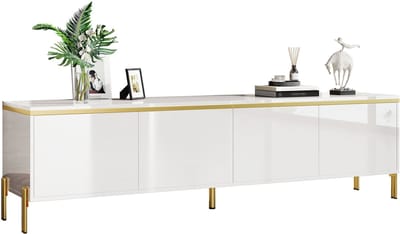 TV-Meubel - Met 4 Deuren en Kabeldoorvoer - Hoogglans met Gouden Rand - MDF - Wit