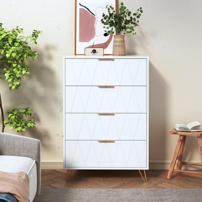 Tekenkast, ladekast, kledingkast met 4 lades met gouden metalen poot en handgreep, opbergmeubel voor kinder-/volwassenenkamer, 60 x 34 x 90 cm, dressoir voor woonkamer, kleur wit