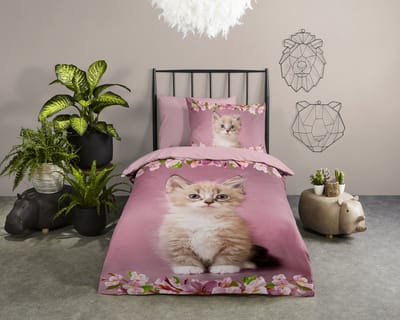 Good Morning dekbedovertrek kitten poes met bloemen - 1 persoons 140x200/220 cm - Roze - 100% Katoen renforce