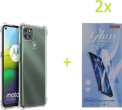 Hoesje Geschikt voor: Motorola Moto G9 Power - Anti Shock Silicone Bumper - Transparant + 2X Tempered Glass Screenprotector