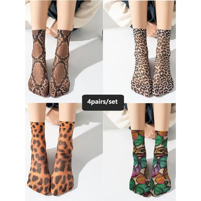 4 Paires/Ensemble Chaussettes d'Été Ultra-Fines Hautes sur le Genou Sexy Imprimé Léopard Motif Floral Serpent Haute Élasticité Respirabilité Chaussettes Bas One Size black
