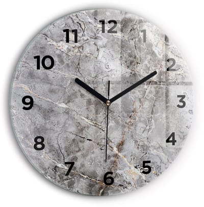 Wallfluent Wandklok - Grijs graniet marmer Klok met Afbeelding - 30 cm x 30 cm - Grijs Wandklok - Zwarte Handen - Wandklok Met Cijfers - Wandklok Glas Woonkamer - Ronde Glazen Klok - Minimalistisch Wandklok - Klok met Afbeelding