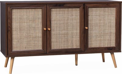 sweeek - Dressoir met 3 deuren houtdecor en rotan 120cm - bohème