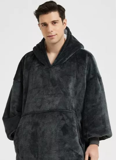 Hoodie Deken Extra LANG – Hoge Kwaliteit Sherpa Fleece – West - 150 cm – Mannen donkergrijs