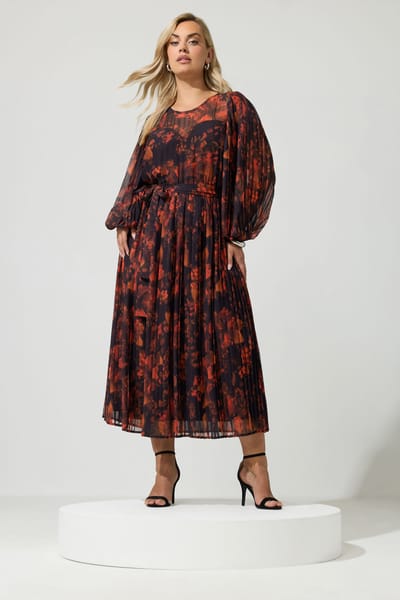 Yours London Rode Jurk Met Wazige Bloemenprint En Plissé Size 38