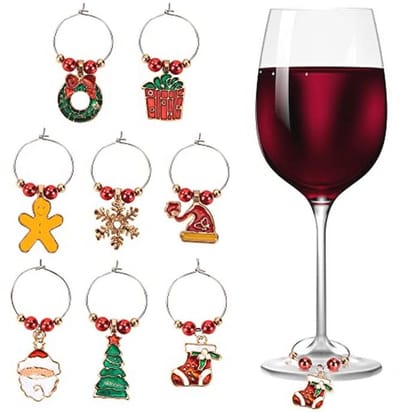 Kerst Wijnglas Markers - Glazen Hangers voor Wijn en Cocktails - 8 Stuks