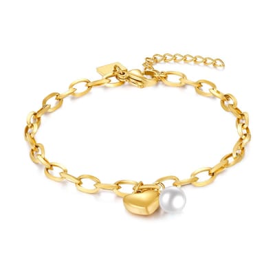 Twice As Nice Armband in goudkleurig edelstaal, ovale schakels, hart, 1 parel 16cm+3cm