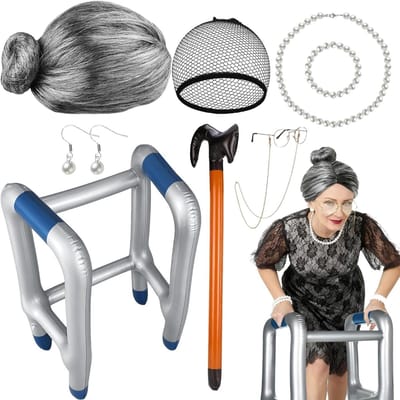 9-delige kostuumset voor grootmoeder met opblaasbare wandelstok, grijze pruik, brillen en accessoires voor Halloween en feestjes