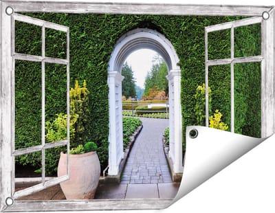 Gards Tuinposter Doorkijk Doorkijk met Potten - 60x40 cm - Tuindoek - Tuindecoratie - Wanddecoratie buiten - Tuinschilderij