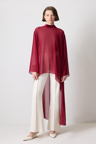 Touché Privé - Chiffon tuniek met fluwelen details - Bordeaux - Dames